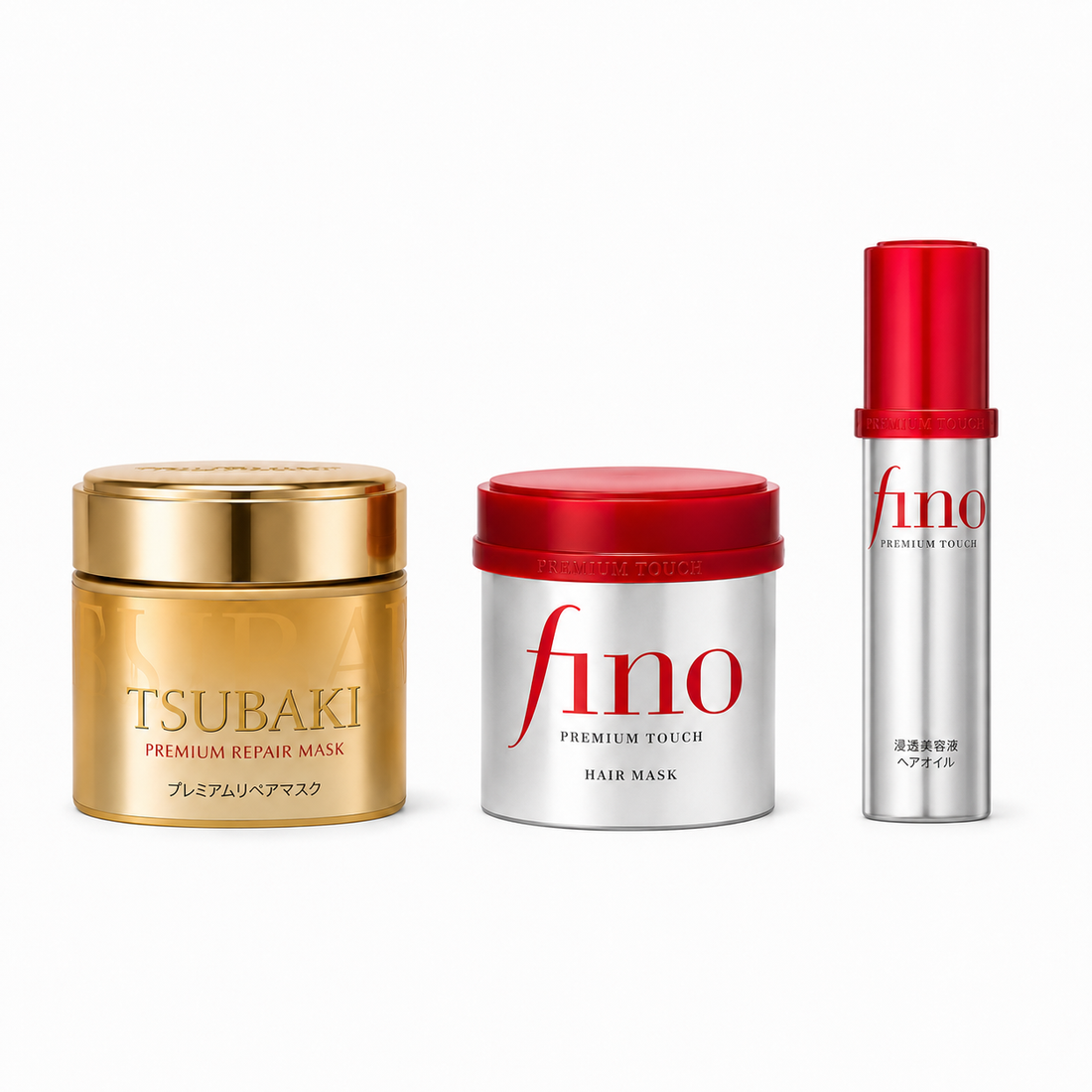 Mit KI erstellte Produktabbildung – Fino &amp; Tsubaki Hair Care Bundle mit zwei Haarmasken und Haaröl von Shiseido