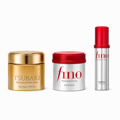 Mit KI erstellte Produktabbildung – Fino &amp; Tsubaki Hair Care Bundle mit zwei Haarmasken und Haaröl von Shiseido