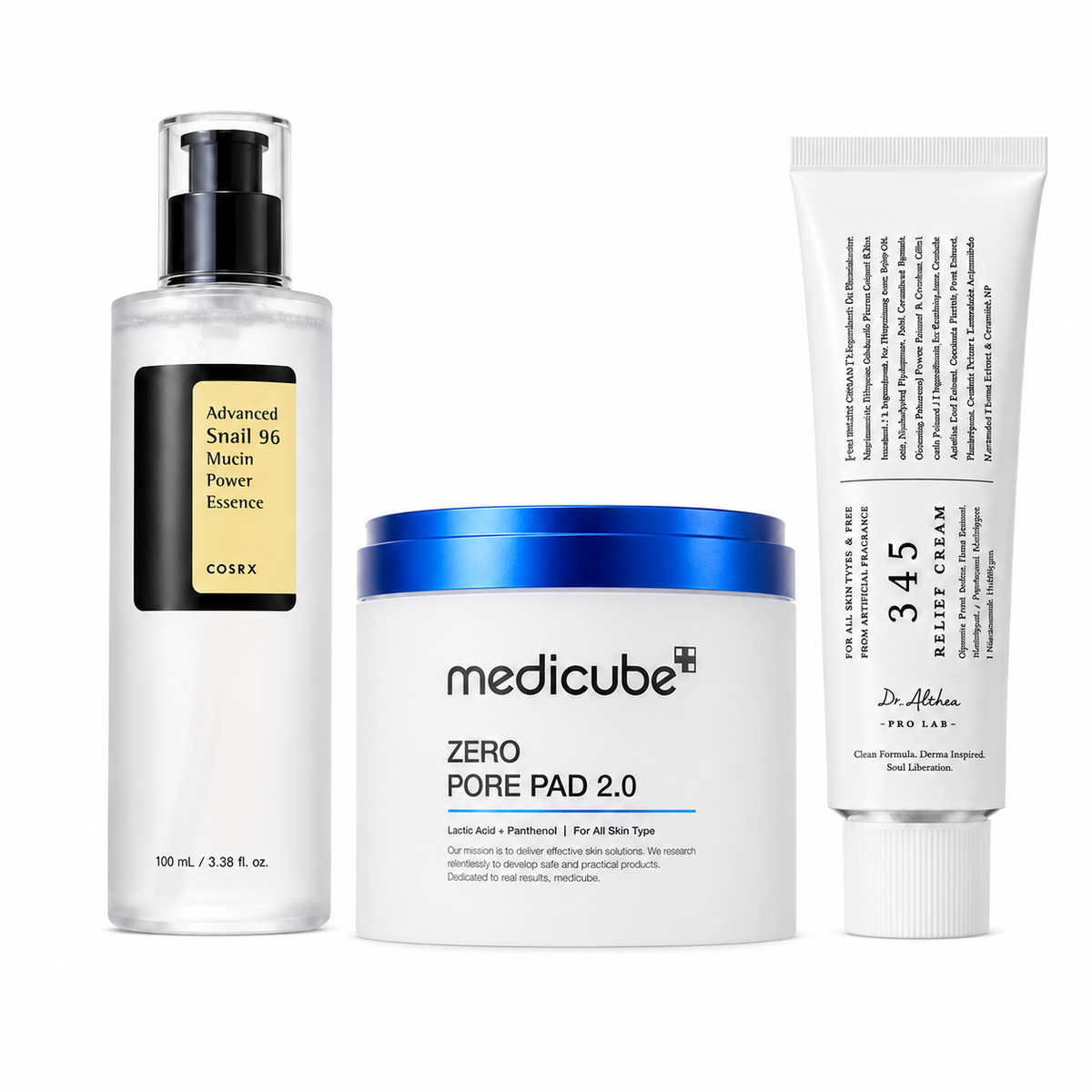 Mit KI erstellte Produktabbildung – Korean Glow Routine Bundle mit Dr. Althea 345 Relief Cream, COSRX Advanced Snail 96 Mucin Power Essence und medicube Zero Pore Pad 2.0